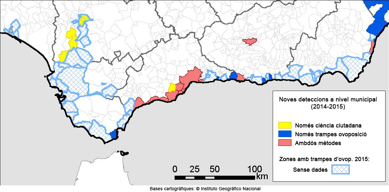 Mapa de les noves troballes de mosquit tigre que es van fer a Andalusia el 2014 i el 2015, segons si van ser detectats per la ciutadania, per les trampes dels experts o bé per ambdós mètodes.