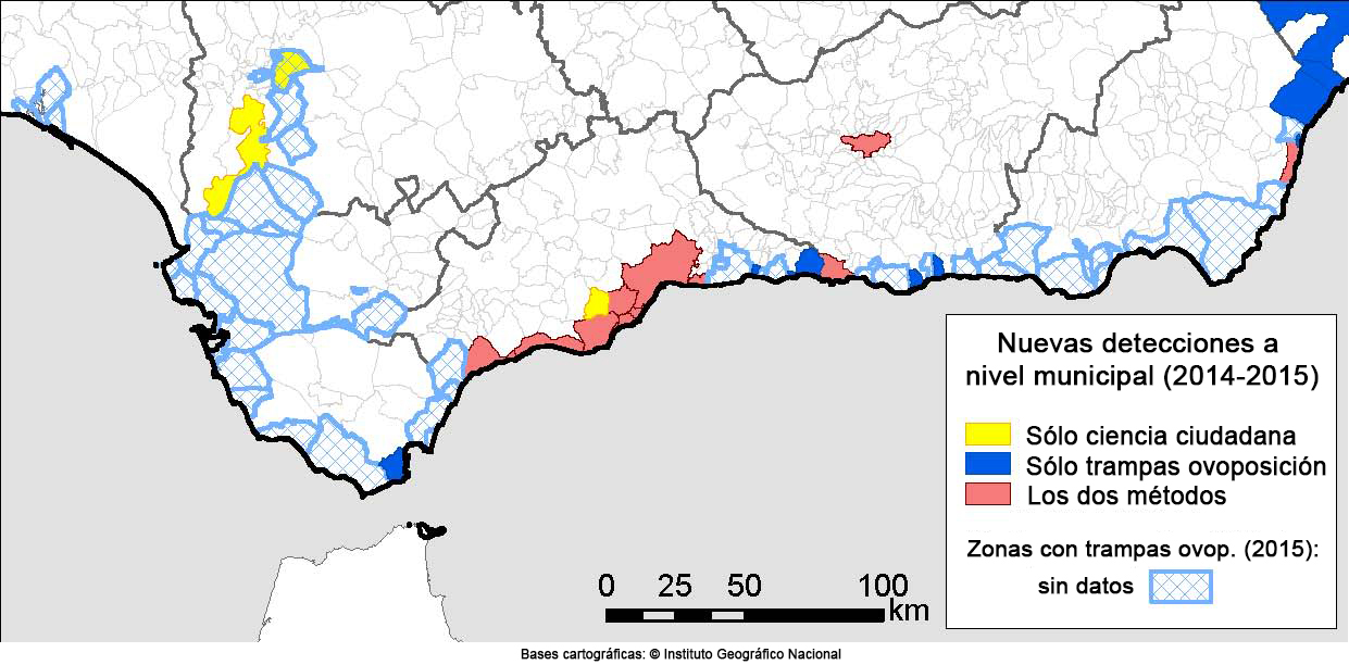 Mapa de las nuevas detecciones de mosquito tigre que hubo en Andalucía en 2014 y 2015, según si fueron detectados por la ciudadanía, por las trampas de los expertos o bien por ambos métodos.