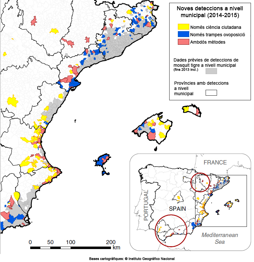 2)Mapa de les noves troballes de mosquit tigre que es van fer a Espanya el 2014 i el 2015, segons si van ser detectats per la ciutadania, per les trampes dels experts o bé per ambdós mètodes.