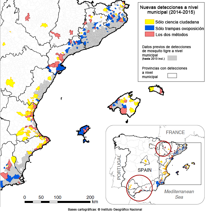 Mapa de los nuevos hallazgos de mosquito tigre que hubo en España en 2014 y 2015, según si fueron detectados por la ciudadanía, por las trampas de los expertos o bien por ambos métodos. Fuente: Palmet et al. (2017) CC-BY
