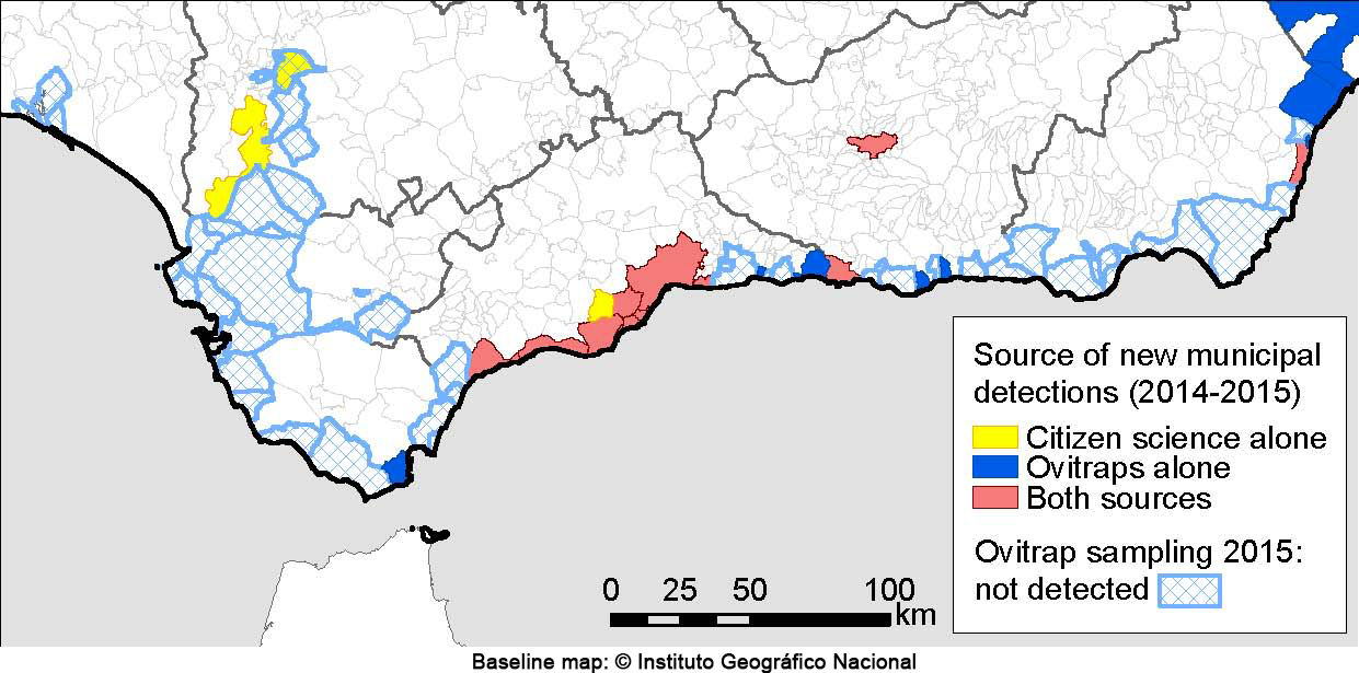 Map of new tiger mosquito detections in the Spanish region of Andalucia during 2014 and 2015, depending on citizen science source, ovitraps or both. Credits: Palmer et al. (2017) CC-BY