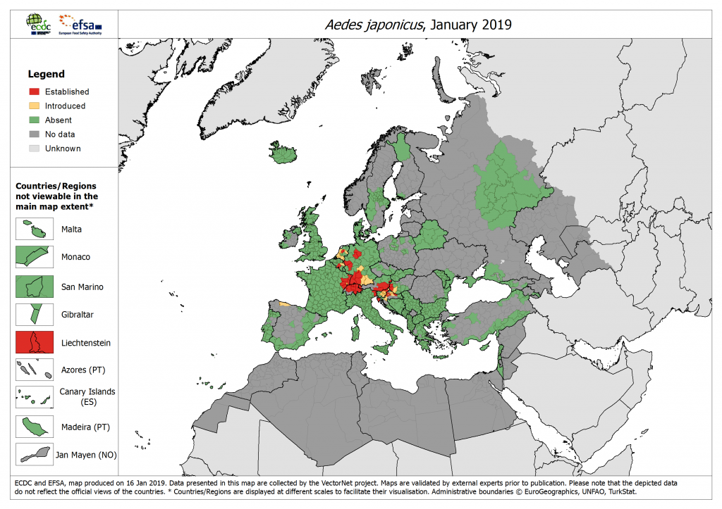 Aedes japonicus distribution map january 2019 Europe